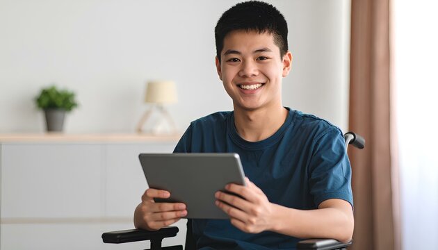 a young man using a tablet sitting in a wheelchair
