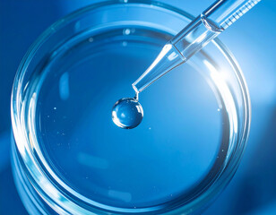 A pipette injecting a liquid substance into a transparent sphere, close-up view.