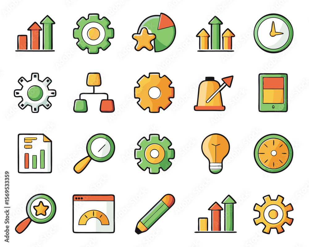 Poster a comprehensive collection of thirty distinct line art symbols representing various aspects of busin