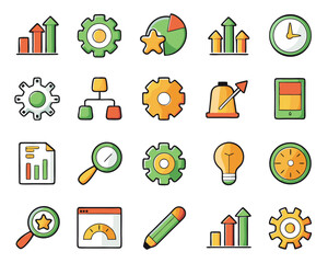 A comprehensive collection of thirty distinct line art symbols representing various aspects of business process enhancement and efficiency improvements