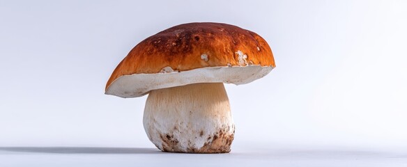 The stunning bolete mushroom with rich brown cap on a simple background.