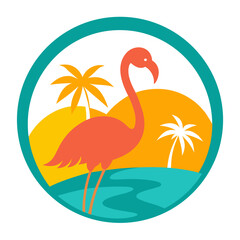 Stylized flamingo standing in water with palm trees and sunset