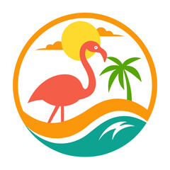 Stylized flamingo tropical island scene with palm tree and ocean waves