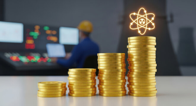 High cost of nuclear energy operations and power plant management with rising gold coin stacks and an atom symbol in a high tech industrial control room