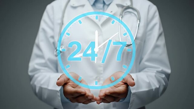 Medical Professional Holding Holographic 24/7 Clock Symbol Against Grey Backdrop Representing Round the Clock Health Care and Support Services