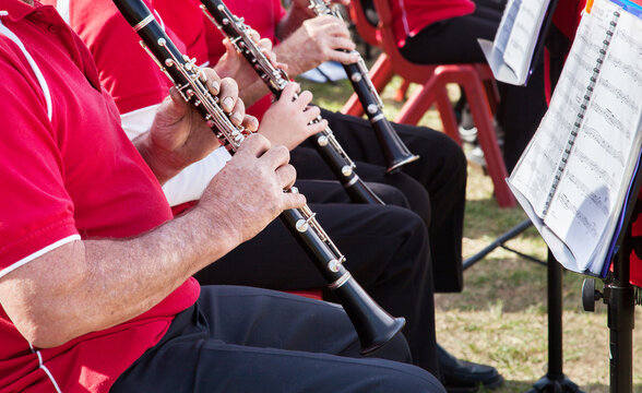 Clarinet players performing in an outdoor band