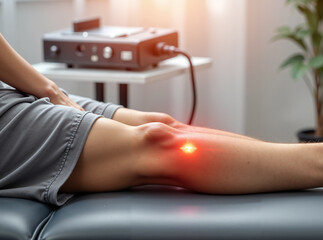 Patient receiving therapy on inflamed knee with red light treatment  