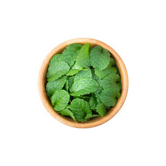 Green cabbage leaves fresh in a wooden bowl isolated on white background