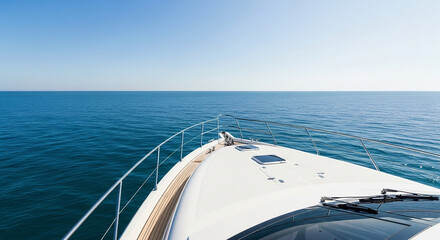Fototapeta premium View from the front of a yacht sailing on the ocean under a clear blue sky on a sunny day trip vacation