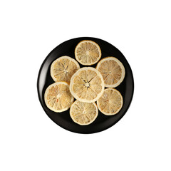 Pile of gold coins with fresh lemon slice isolated on white background