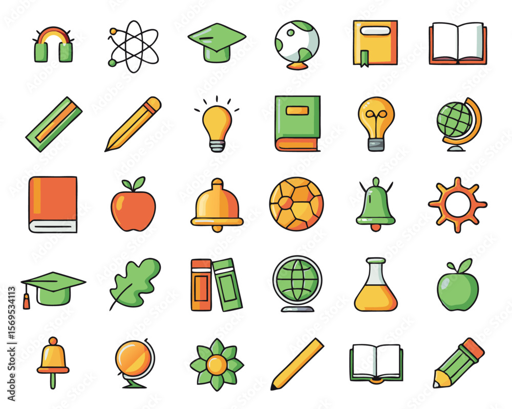 Aufkleber comprehensive collection of forty distinct educational and learning symbols presented in a clean mod