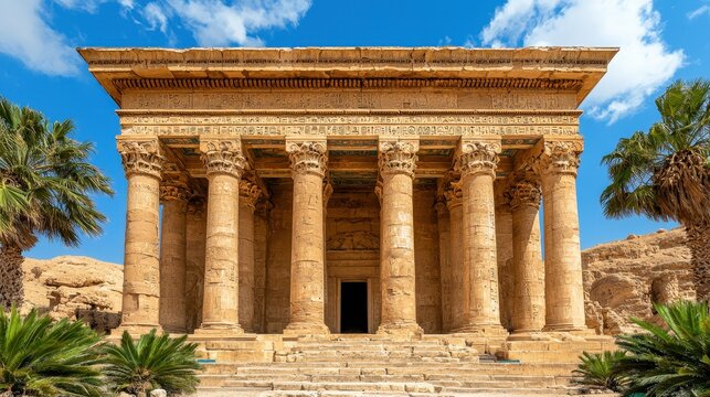 Ancient Sandstone Temple with Corinthian Columns Under Bright Sky
