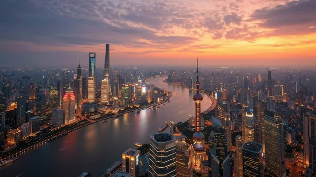 drone view of Shanghai&rsquo;s futuristic skyline at twilight, glowing skyscrapers and reflections on the Huangpu River, cinematic tones