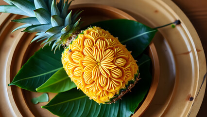 Traditional Thai fruit carving pineapple with intricate floral patterns placed green leaves, showcasing detailed craftsmanship and vibrant colors