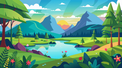 Obraz premium Vibrant cartoon landscape with mountains lake trees and flowers at sunrise