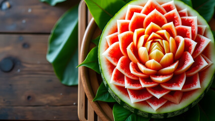 Beautifully detailed traditional Thai fruit carving on watermelon shaped like blooming flower with vibrant red and white colors
