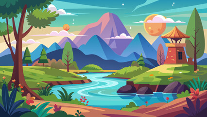 Serene mountain landscape with winding river and traditional pagoda at sunset