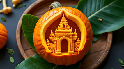 Traditional Thai fruit carving on pumpkin showcasing intricate temple architecture with vibrant orange color and green leaves background
