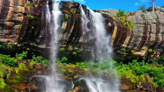 Air terjun tebing kapur dengan efek cinematic realistik 4K, air jatuh perlahan membentuk tirai tipis dan busa halus, cahaya siang yang lembut, langit biru cerah dengan awan putih di atas