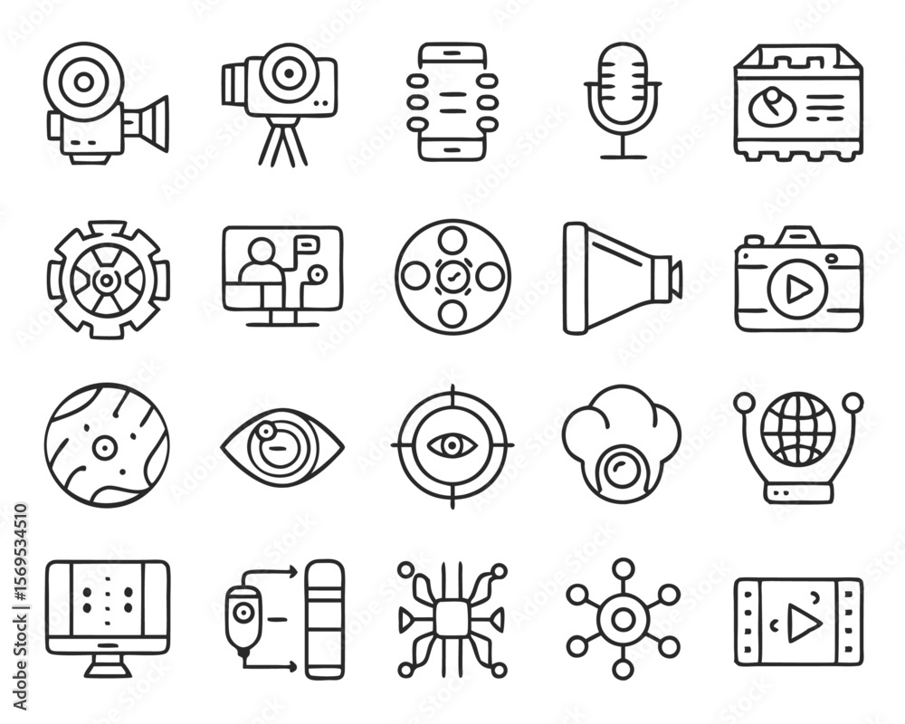 Poster comprehensive collection of stylized symbols representing artificial intelligence creation processes