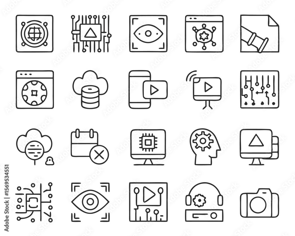 Poster comprehensive collection of stylized symbols representing artificial intelligence creation of visual