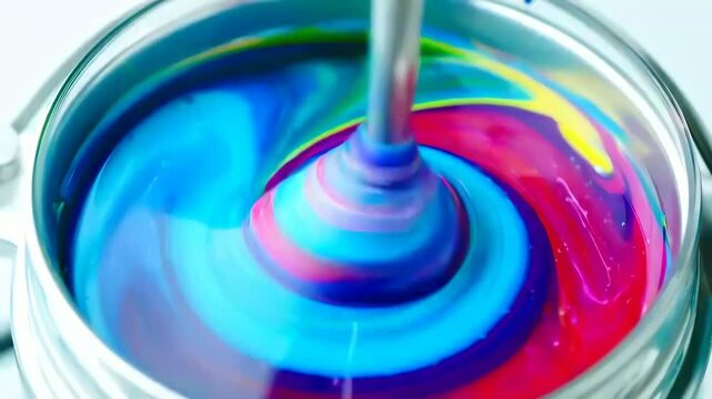 Bright, colorful paints like blue, yellow, and pink being swirled and mixed in a silver container by an unseen agitator