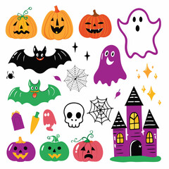 Halloween seamless pattern with cartoon pumpkins, bats, ghosts, and witch hats, a spooky vector illustration set for October holiday celebration design