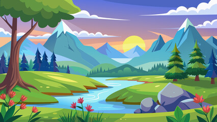 Fototapeta premium Vibrant cartoon landscape with a winding river and snow capped mountains at sunset