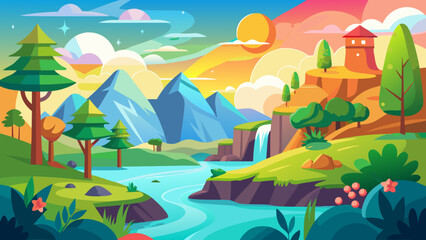 Vibrant cartoon landscape with mountains river waterfall and a small village
