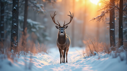 Beautiful deer on a snowy path in a sunny forest