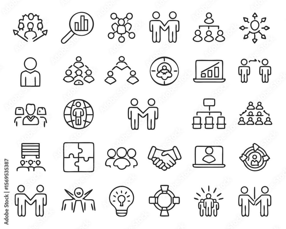 Poster comprehensive collection of professional business and teamwork line graphics perfect for user interf