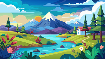 Idyllic mountain landscape with a winding river and a cozy house
