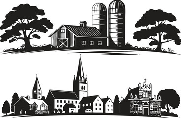 Black and White Featuring Farmhouse and Church Buildings Against a White Background