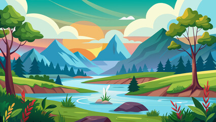 Serene mountain landscape with a winding river at sunset with colorful sky