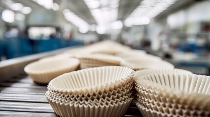 paper cupcake liners on factory conveyor, bakery supply and baking goods manufacturing

