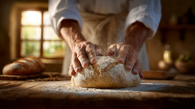 Baker kneads dough on wooden work surface in cozy rustic kitchen. Natural sunlight illuminates warm wooden textures. Concept of artisanal baking, culinary arts, traditional recipes