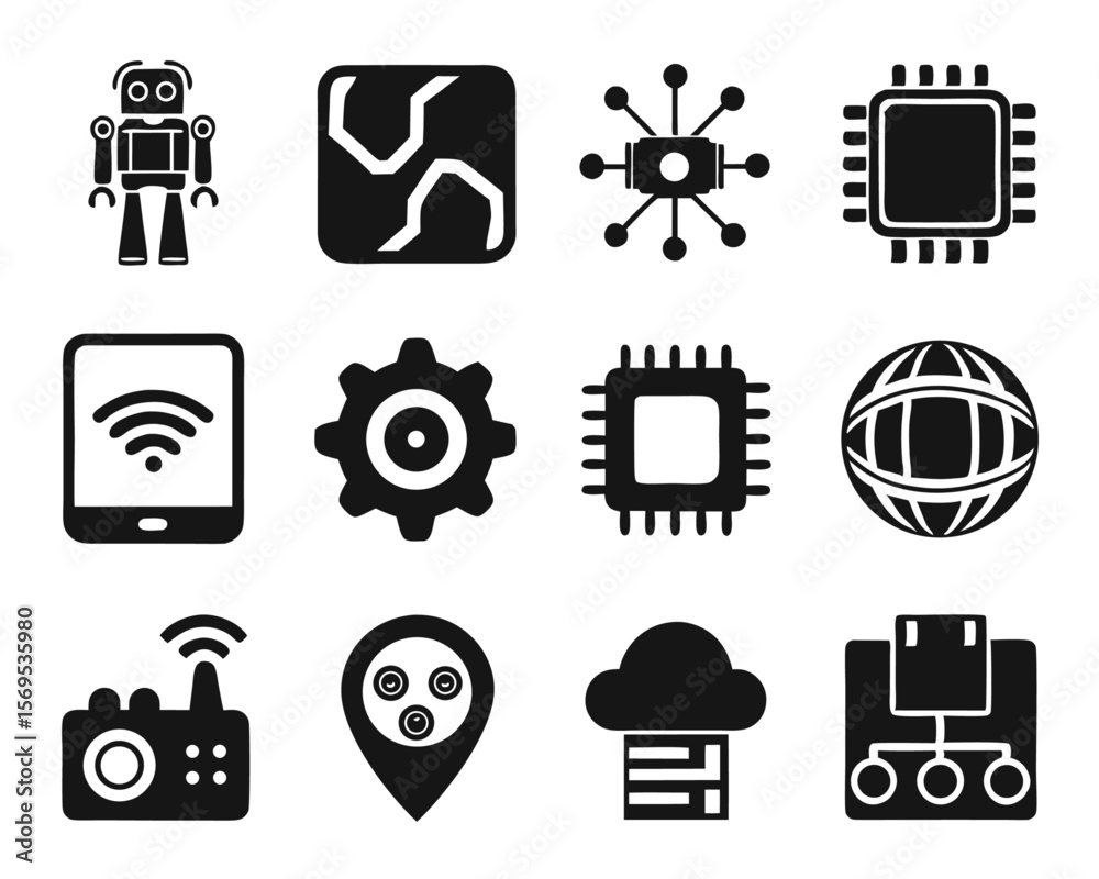 Poster comprehensive collection of modern technology symbols showcasing connectivity artificial intelligenc