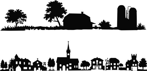Fototapeta premium Black Silhouette Illustration Farm with Barns and Silos Above Town Skyline with Church Steeple