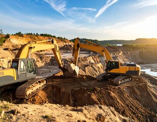 Obraz premium View of an open pit mine with excavators in the afternoon
