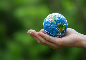 A person holds a detailed mini Earth model against a green background, reflecting nature, sustainability, and global harmony