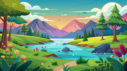 Vibrant cartoon landscape with a winding river and colorful mountains at sunset
