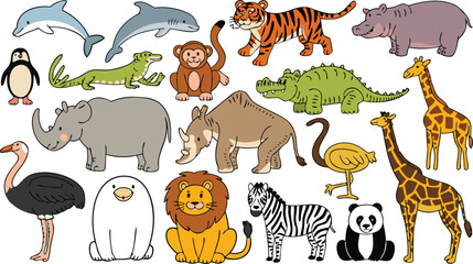 Cartoon Animals Clipart Dolphin, Giraffe, Tiger, Lion, Crocodile, Hippo, Zebra, Panda, Penguin, Ostrich, Monkey, Elephant, Iguana
