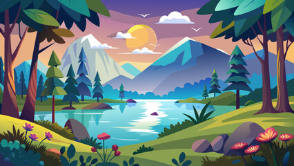 Serene mountain lake landscape at sunset with colorful sky and lush greenery