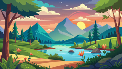 Vibrant mountain landscape with a serene lake at sunset with colorful clouds