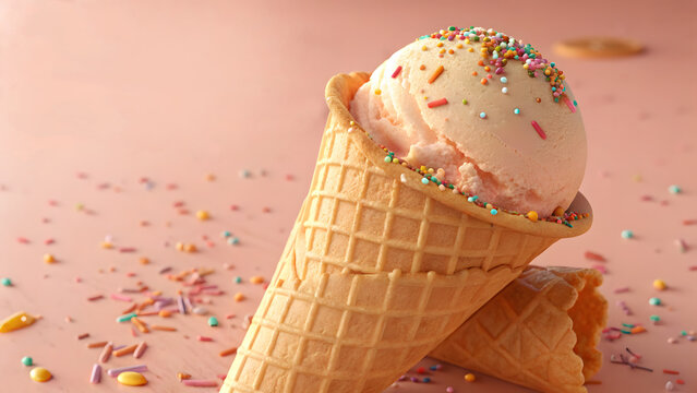 Peach Ice Cream Single Scoop with Colorful Sprinkles in Waffle Cone, Peach Ice Cream Day, icream day, ice cream with cone, ice cream template 
