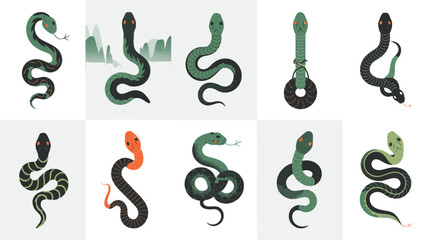 Obraz premium Cartoon Snake Collection Illustrations of Various Colored and Patterned Serpents on White Background