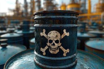 Toxins symbol with skull and crossbones on hazardous barrel with copy space. Harsh industrial lighting. 