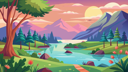 Serene mountain lake landscape with colorful sunset and lush greenery