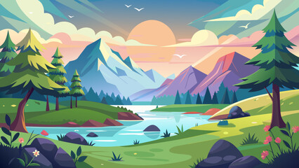 Serene mountain lake landscape with pine trees and colorful sunset sky