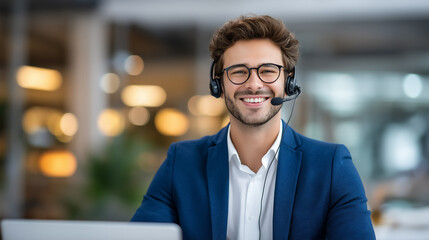 Obraz premium Man smiling while using headset and laptop in contemporary office setting. Bright workspace with soft lighting enhances professional atmosphere